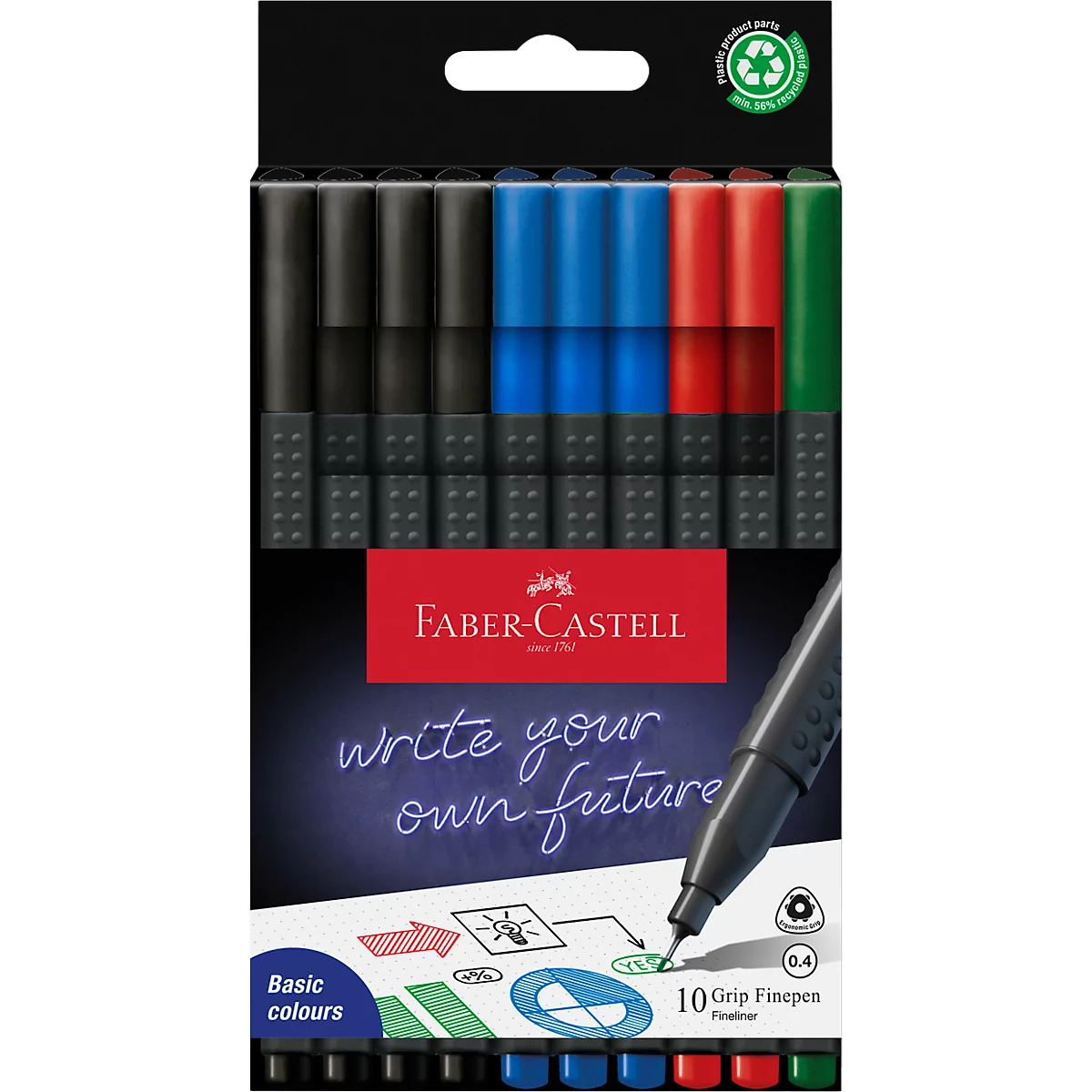 Fineliner FABER-CASTELL Grip, lijndikte 0,4 mm, ergonomische gripzone, voor rechts- &amp; linkshandigen, afwasbaar, kantoorkleuren, 10 stuks in kartonnen doosje