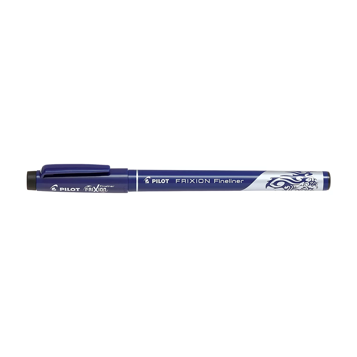 Een blauwe Pilot Frixion Fineliner pen op een witte achtergrond, met witte letters en een decoratief patroon.