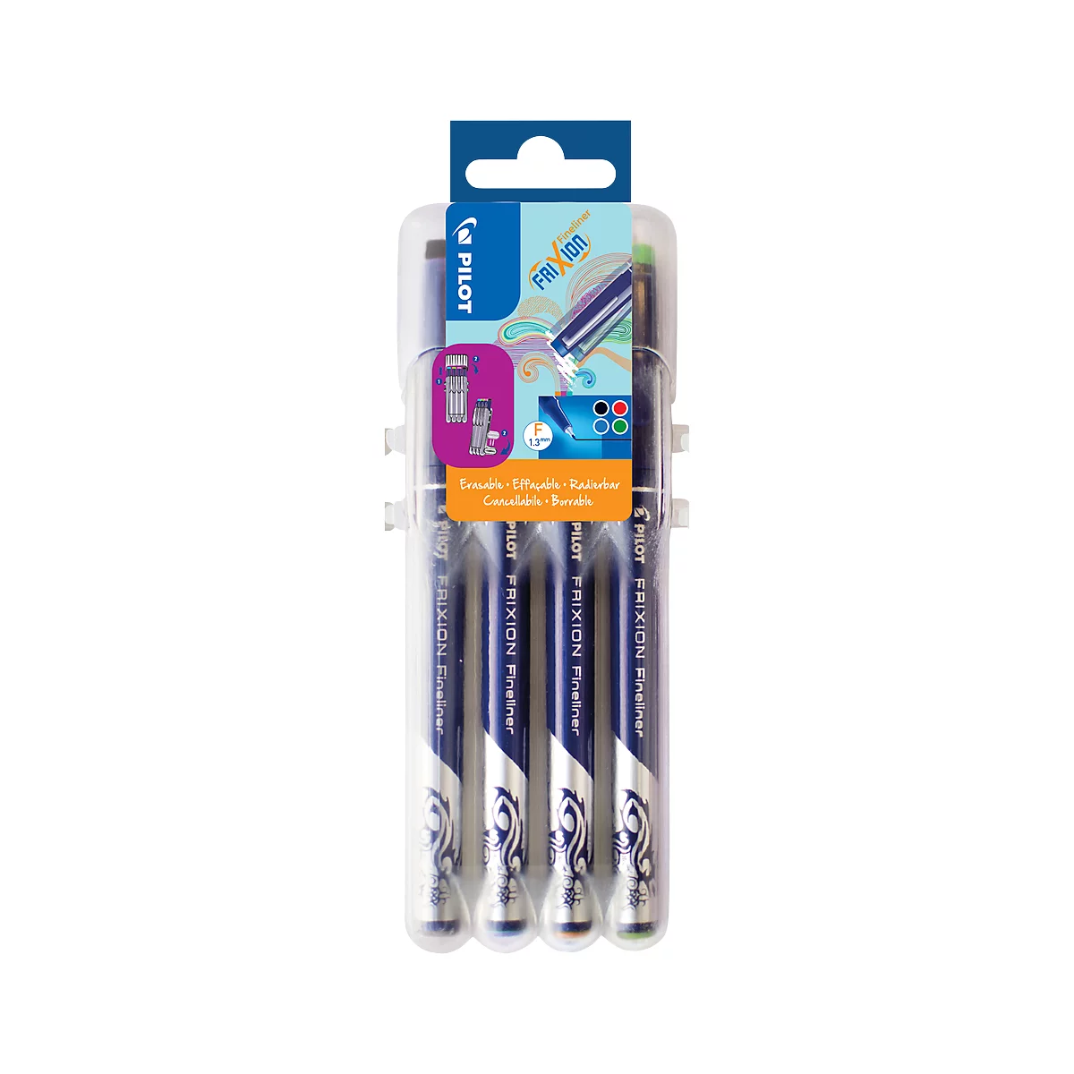 Fineliner FriXion set van 4 klassiek, KS-punt, lijndikte 0,45 mm, uitwisbaar, 4 standaardkleuren