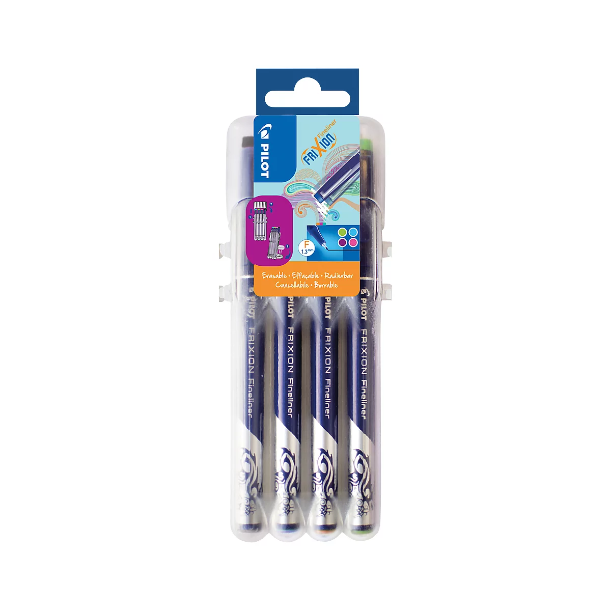Fineliner FriXion set van 4 Neon, punt van kunststof, lijndikte 0,45 mm, uitwisbaar, 4 neonkleuren