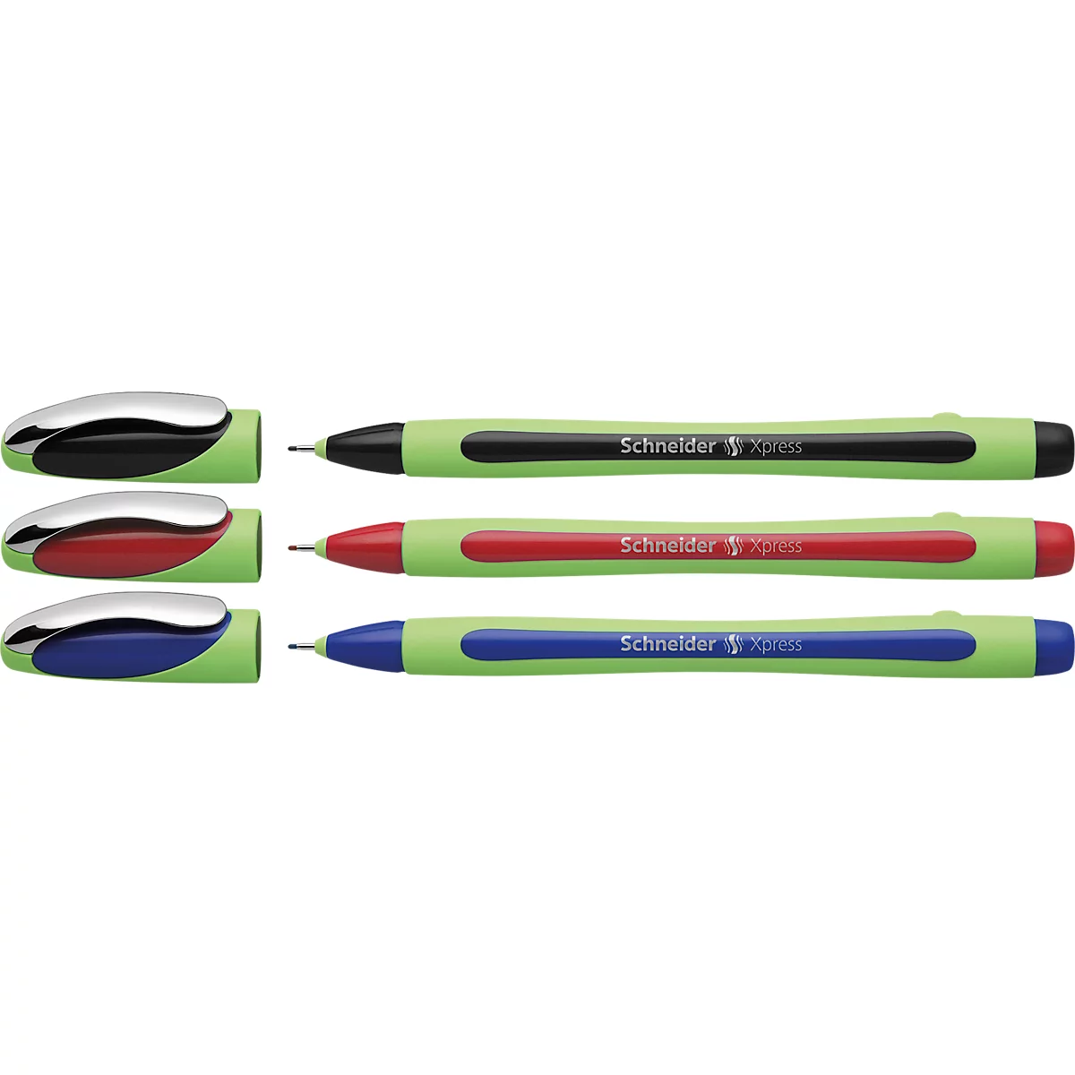Fineliner Schneider Xpress, lijndikte 0,8 mm, documentveilig, ergonomisch gevormd, kunststof &amp; roestvrij staal, kleurgesorteerd set van 3 in etui