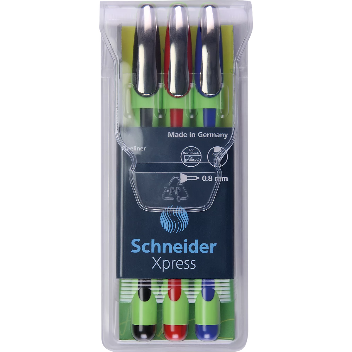 Fineliner Schneider Xpress, Strichstärke 0,8 mm, dokumentenecht, ergonomisch geformt, Kunststoff & Edelstahl, farbsortiertes 3er-Set in Etui