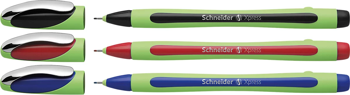 Fineliner Schneider Xpress, Strichstärke 0,8 mm, dokumentenecht, ergonomisch geformt, Kunststoff & Edelstahl, farbsortiertes 3er-Set in Etui