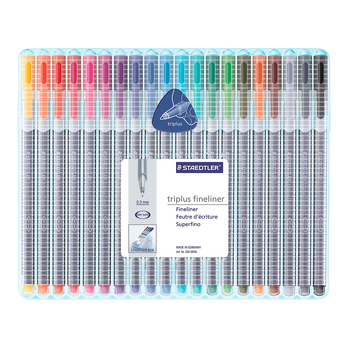 Multi-colored fineliners in a transparent plastic package, with logo and product name.