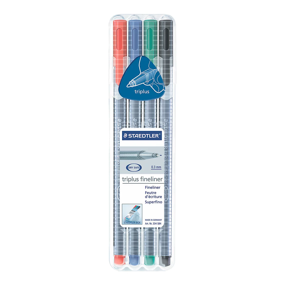 Package of four fineliners in different colors. Inscription: Staedtler Triplus Fineliner.