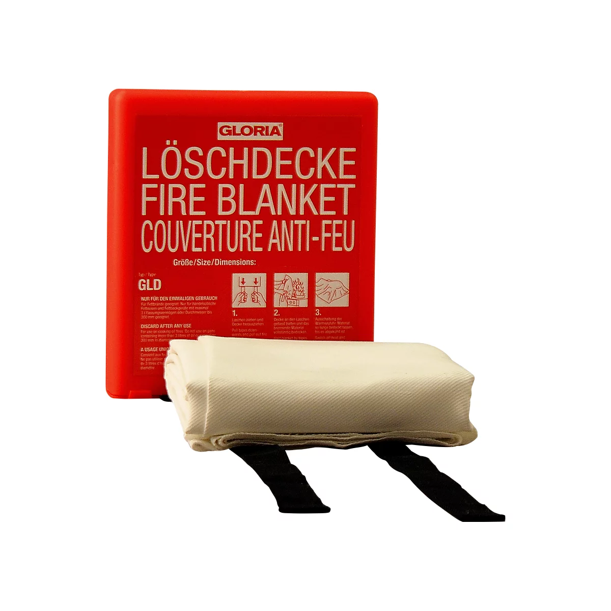 A fire blanket with a red case. The case reads "LÖSCHDECKE FIRE BLANKET COUVERTURE ANTI-FEU". The blanket itself is rolled up.