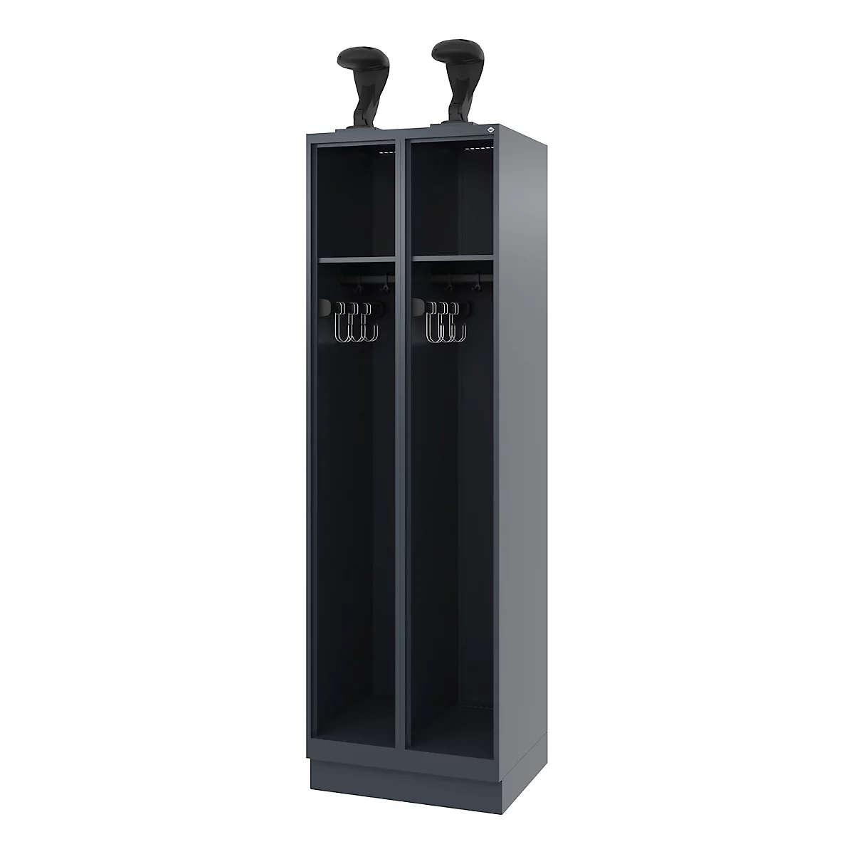 Gray locker with two compartments, coat hooks and cabinet handles.