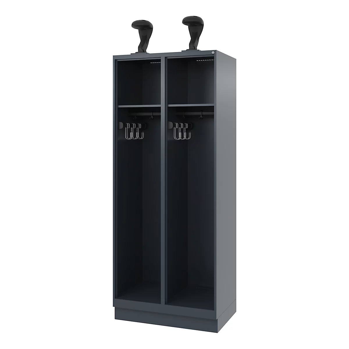 Dark grey, two-part locker with shelves and hooks. Two black helmets on top.