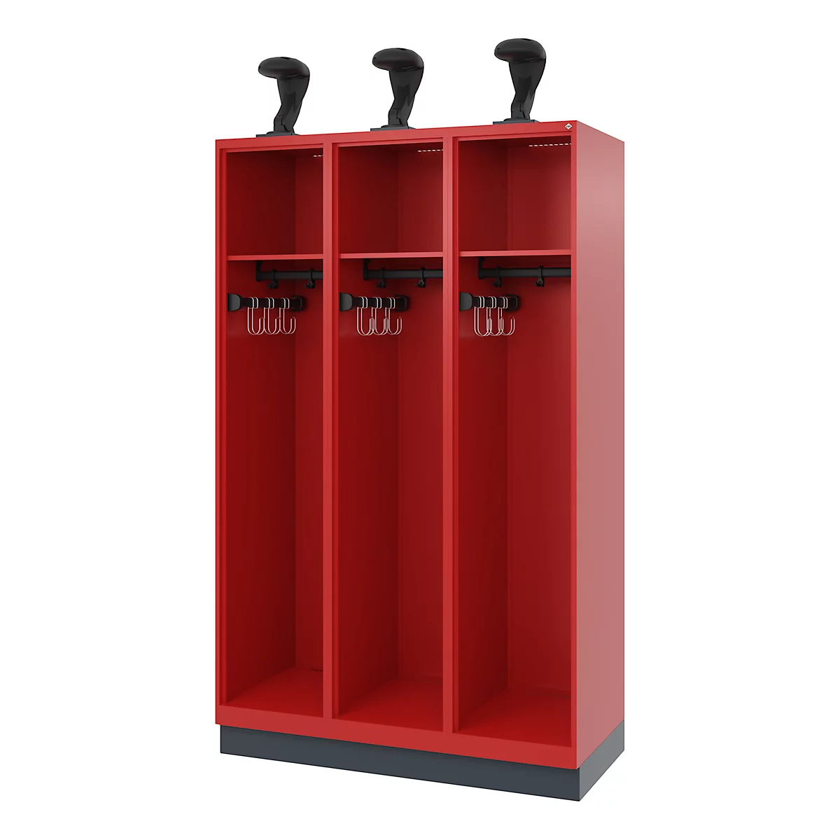 Red locker with three compartments, hooks, hat rack, and black attachment.