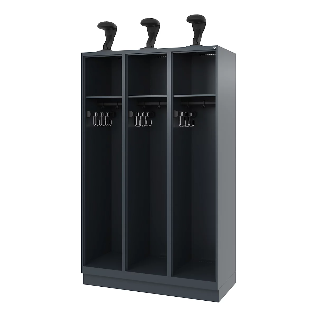 Three-part dark-colored wardrobe with hat shelf and coat hooks. Hat shapes on top.