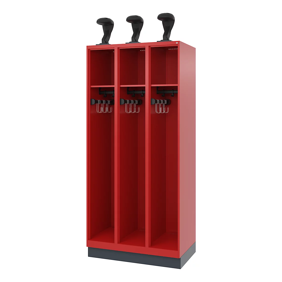 Red locker with three compartments, black handles, and a decorative black sculpture on top.