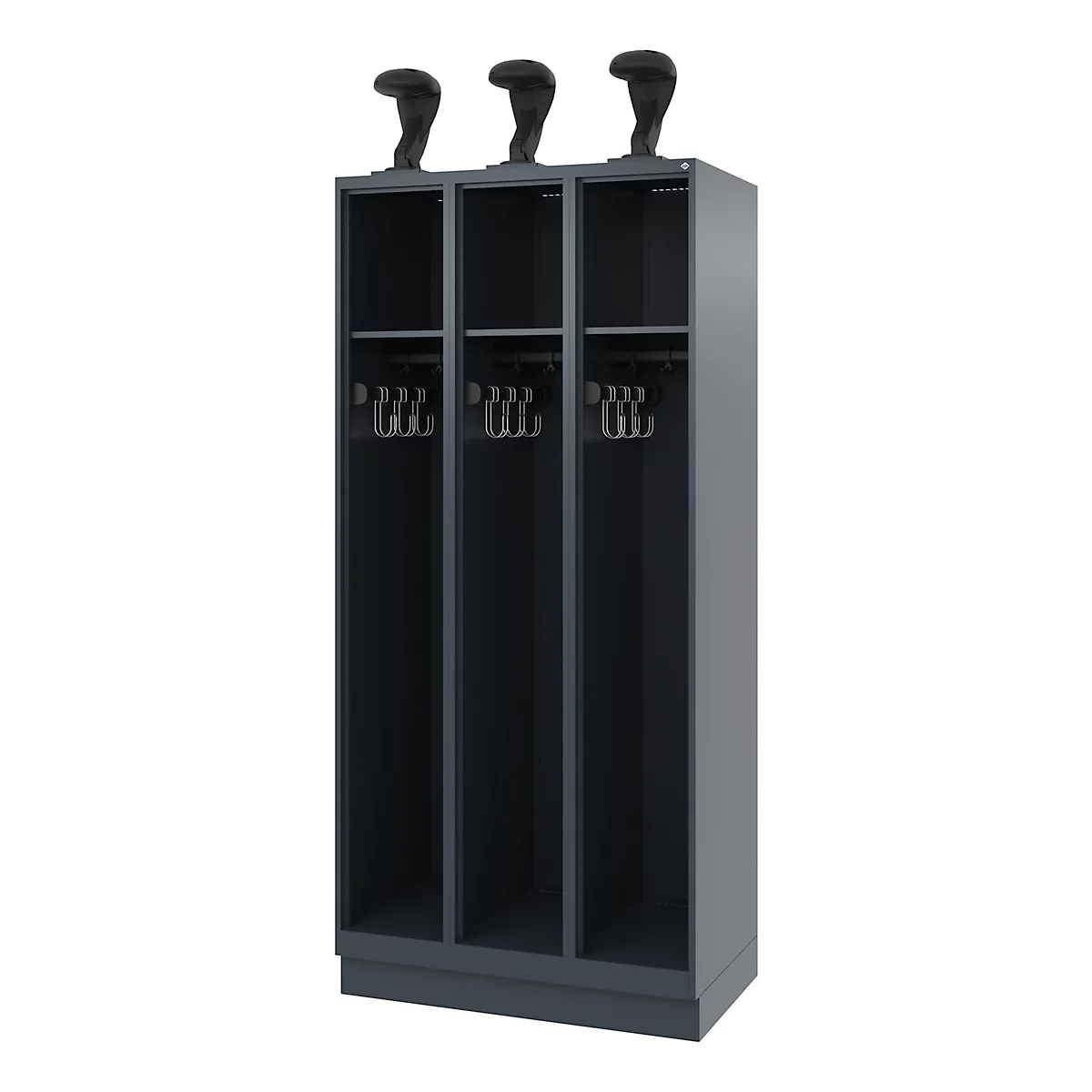 Dark grey wardrobe with three compartments, hooks and decorative figures.