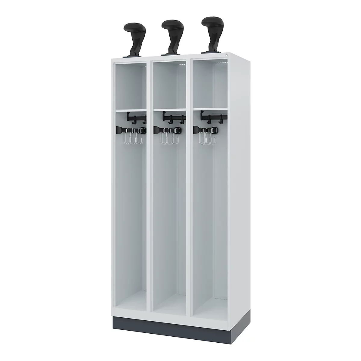 Three-part wardrobe, white, with black hooks and three black hat racks.
