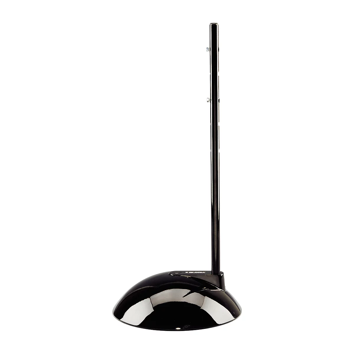 A black monitor stand with a sleek design, consisting of a rounded base and a vertical support.
