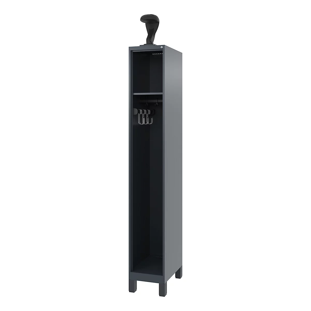 Gray cabinet with hooks and a cobra-shaped holder on top.