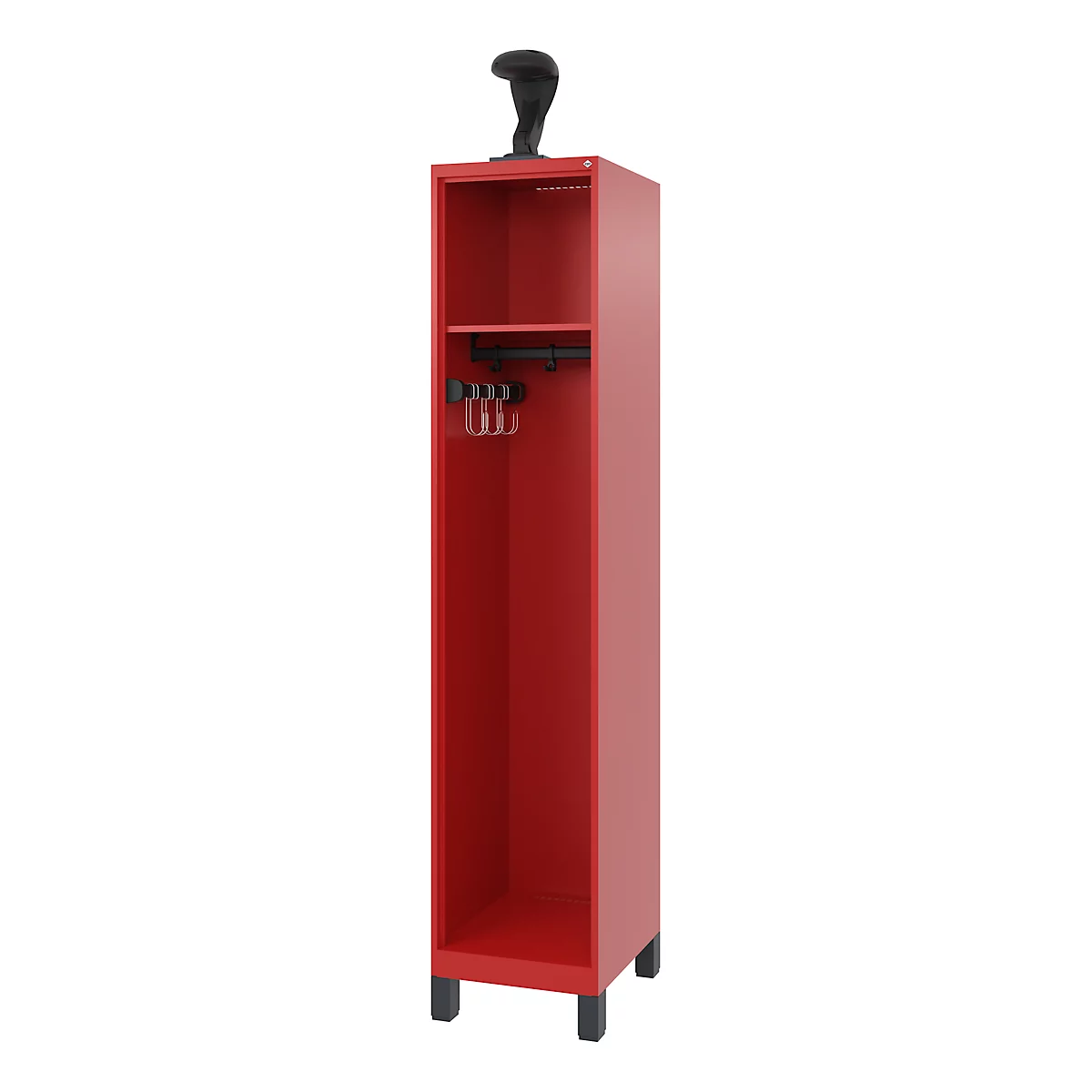 Red cabinet with black feet and handle, with a black hanger for hangers.