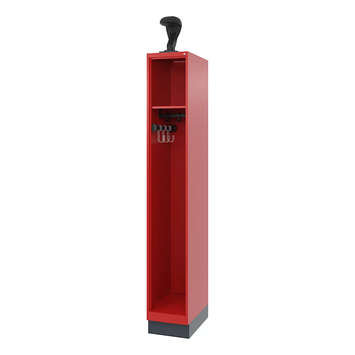 Red, tall cabinet with black handle on top. A shelf in the middle, with coat hooks below.