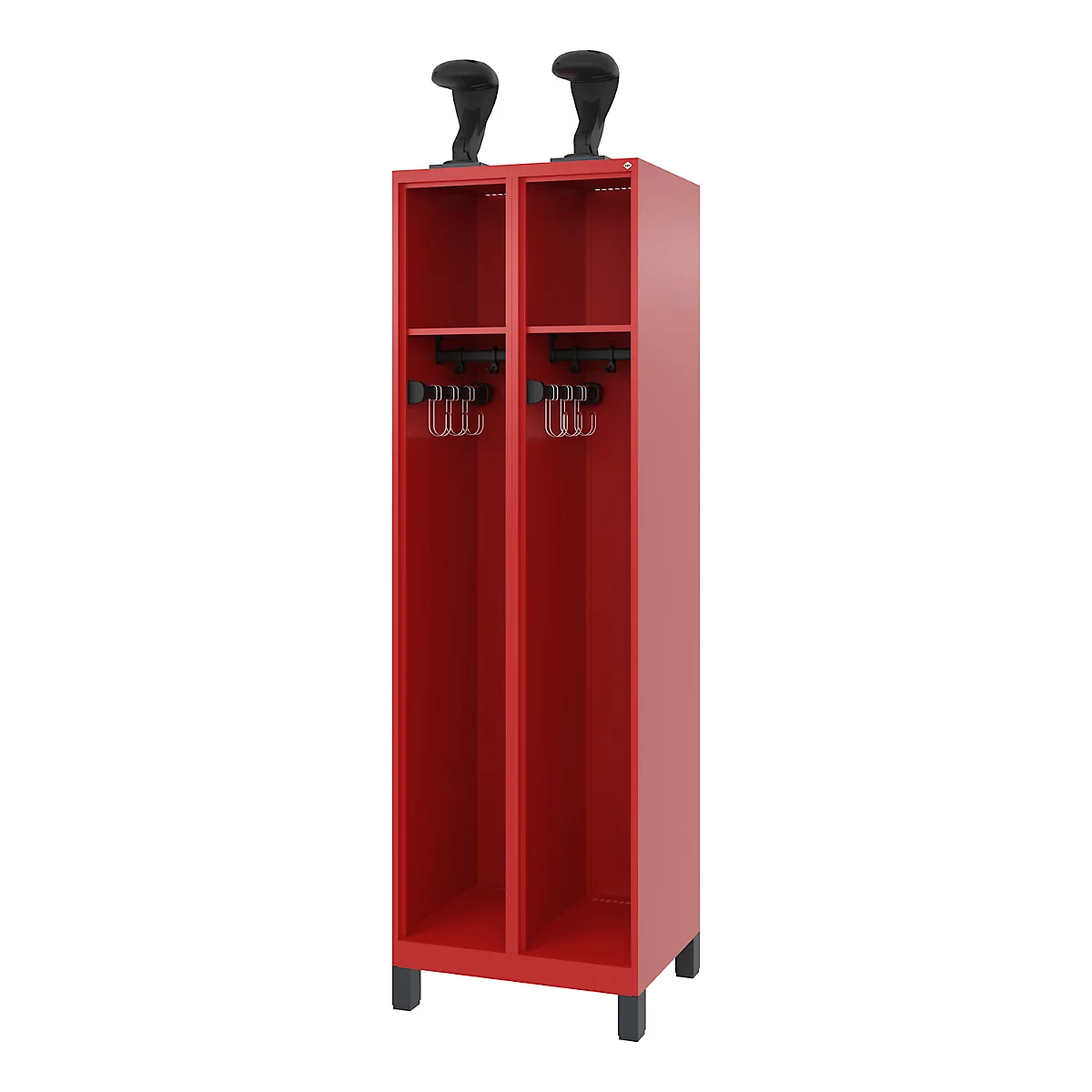 Red locker with two compartments, equipped with hooks and shelves. Two black figures are on top.