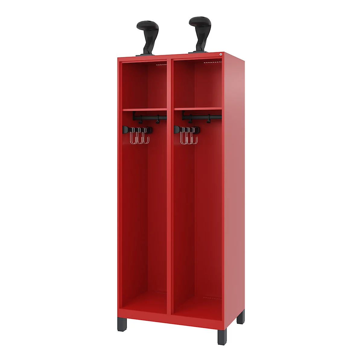 Red locker with two compartments, coat hooks and ski holders, against a white background.