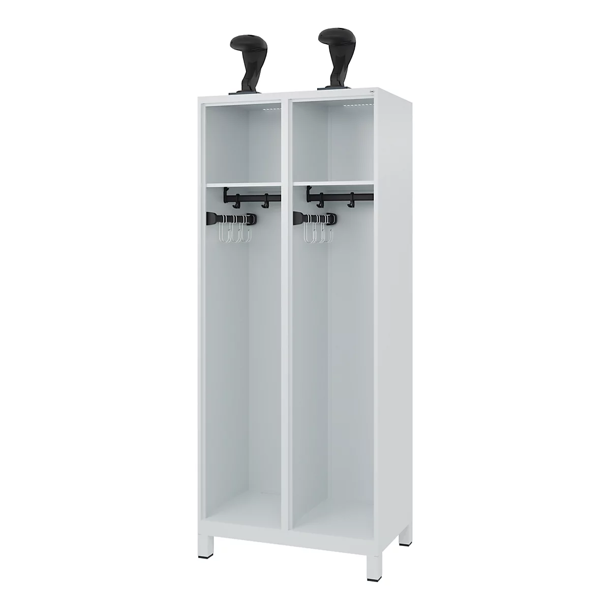 White cabinet with two compartments, clothes rails, and hooks. Two black decorations sit on top.