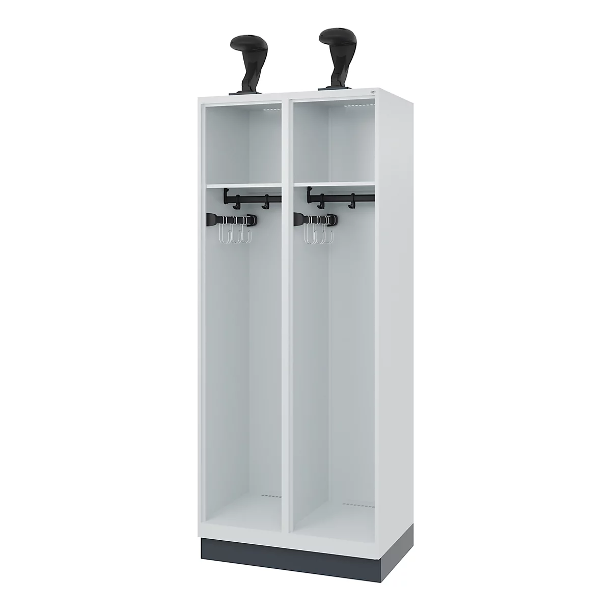 White cabinet with two compartments. Black details, hooks and shoe holders.