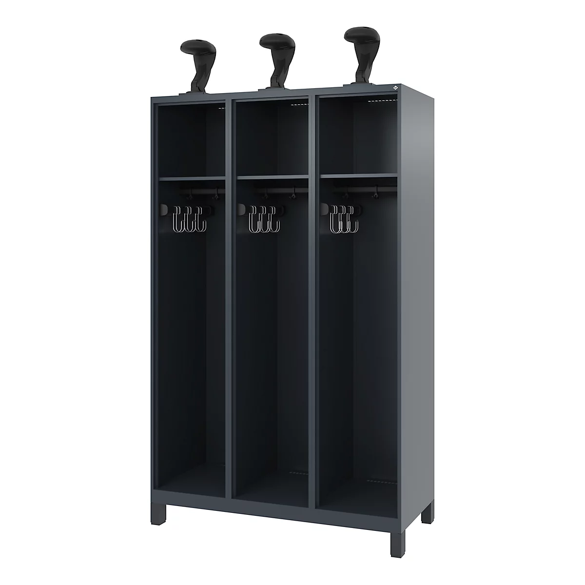 Dark grey locker with three compartments, hooks and hat shelves. Three black hat shapes on top.