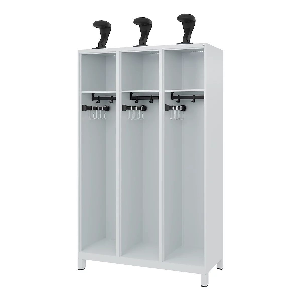 White locker with three compartments, black hat rack and hooks. Three black hat shapers on top.