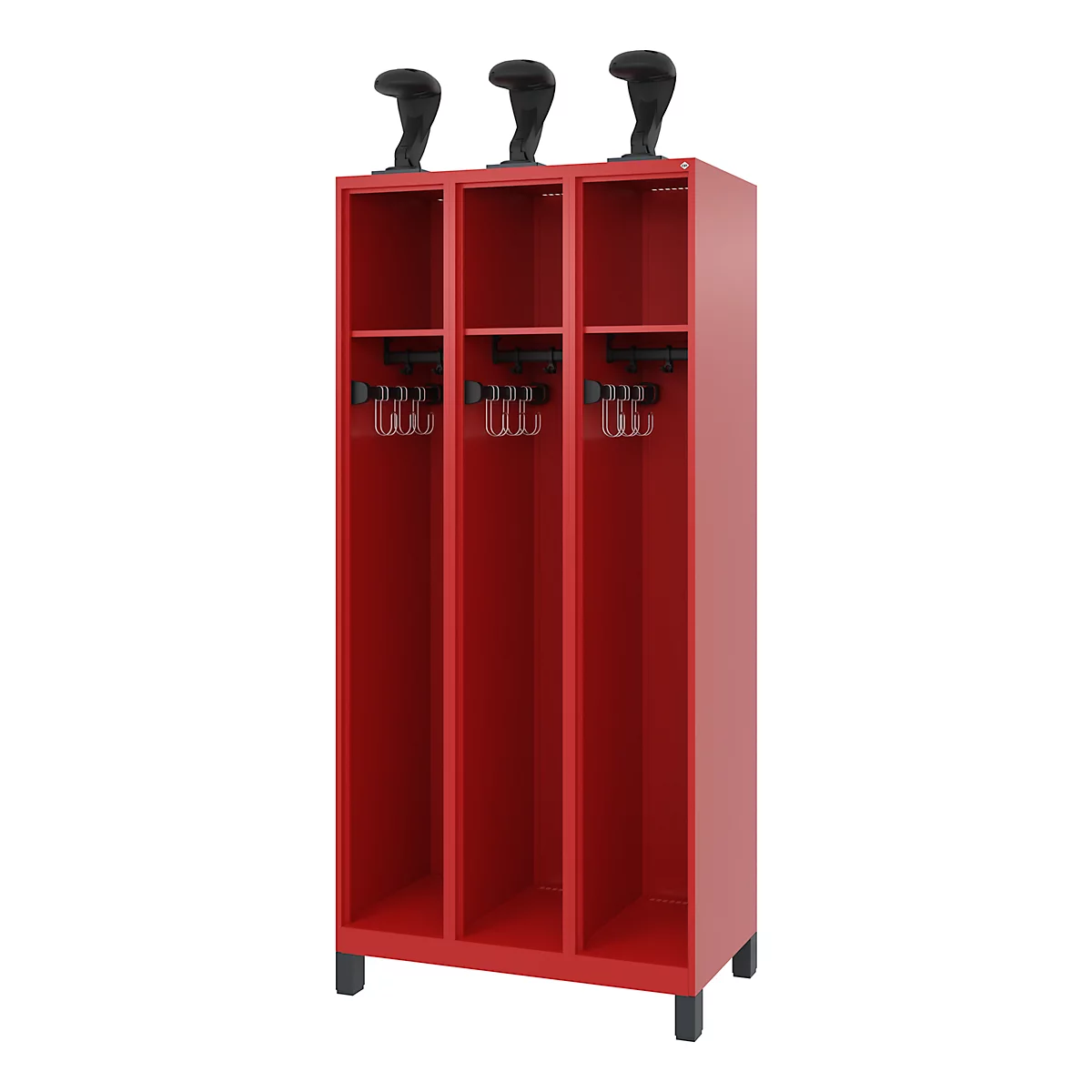 Red locker with three compartments. Each compartment has a hat rack, coat hooks and a black knob.