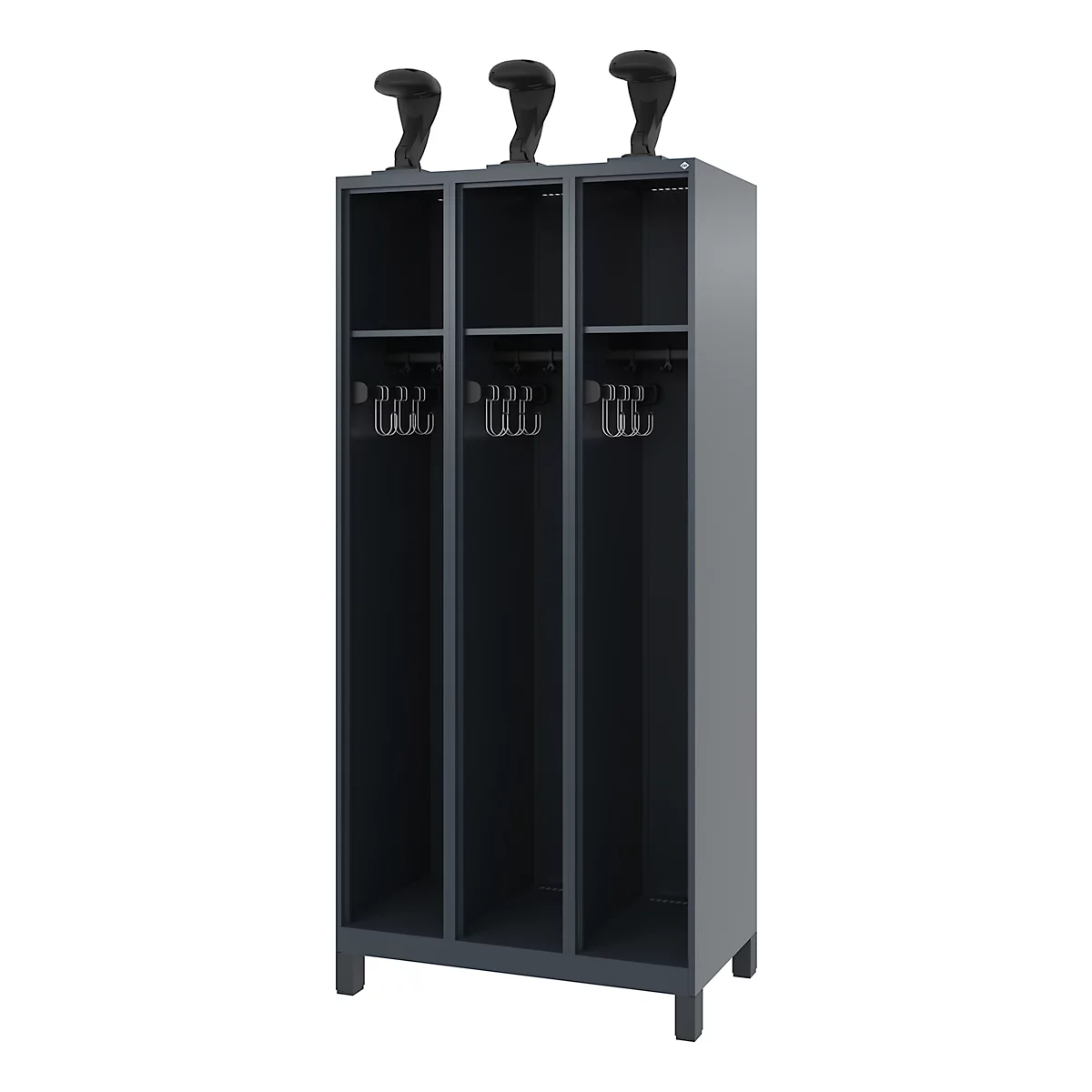 Dark gray locker with three compartments, hook rails, and cobra-shaped handles.