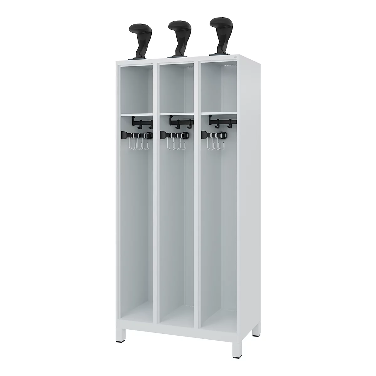White cabinet with three compartments. Each with a black knob at the top, and hooks for hanging underneath.