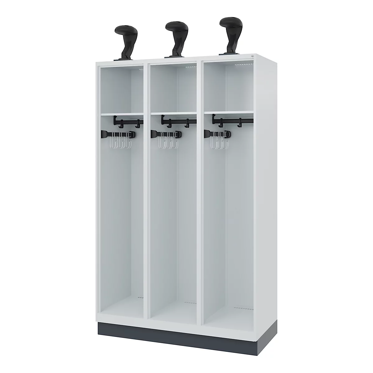 White locker with three compartments, three hat shelves on top, hooks for hangers.