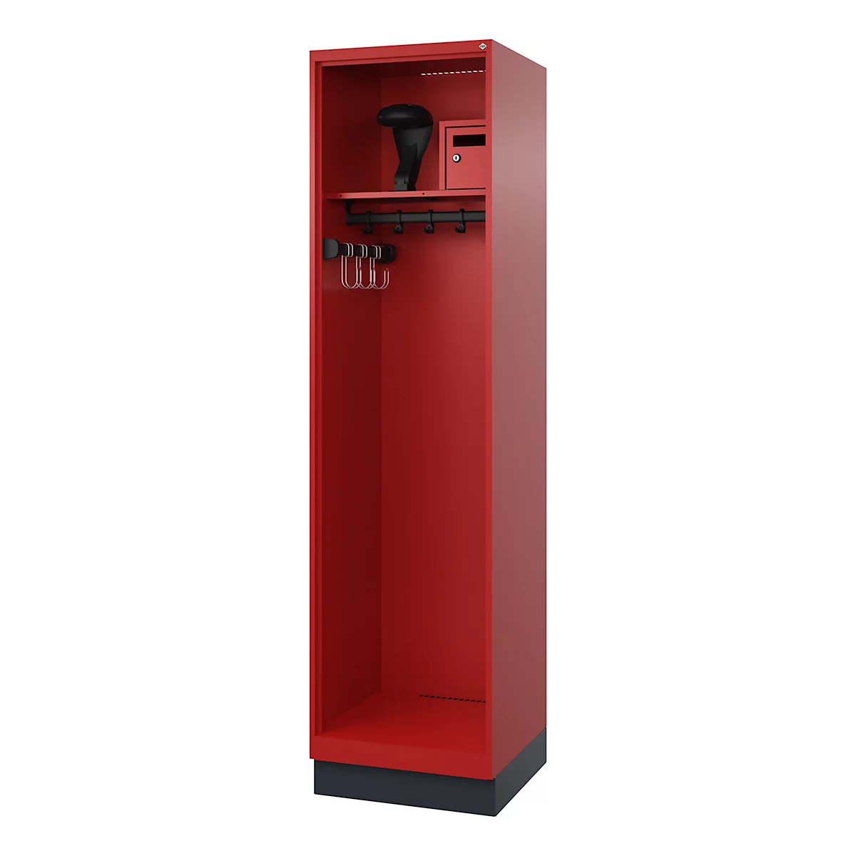 Red locker with shelf, hooks and safe. A black helmet is on the top.