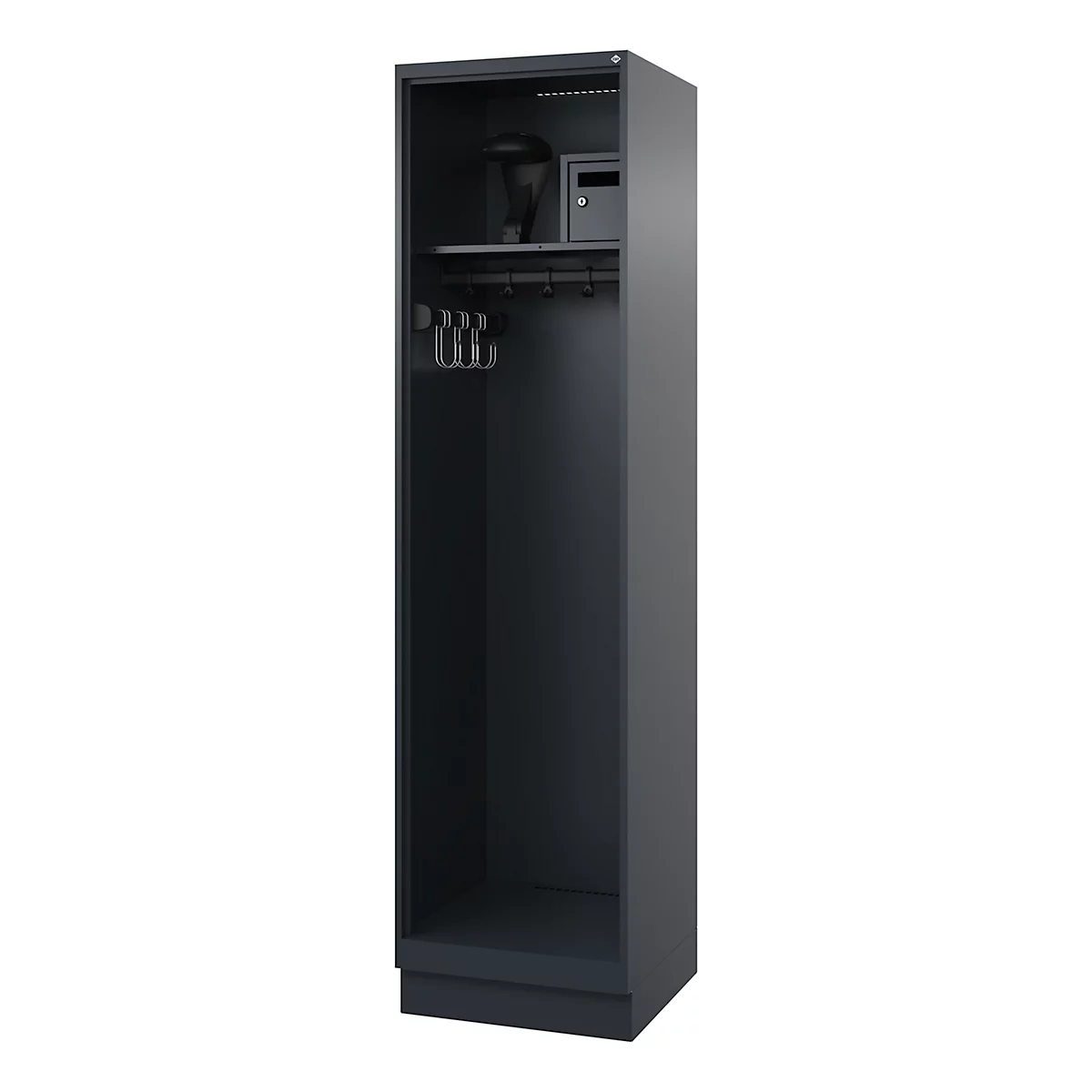 Black cabinet with hat shelf, safe and coat hooks.