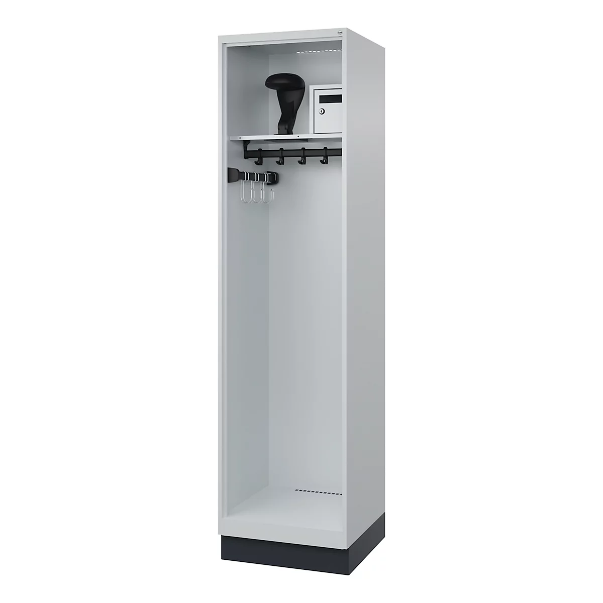 Gray locker with hooks and a safe. It contains a helmet, a safe, and coat hooks.