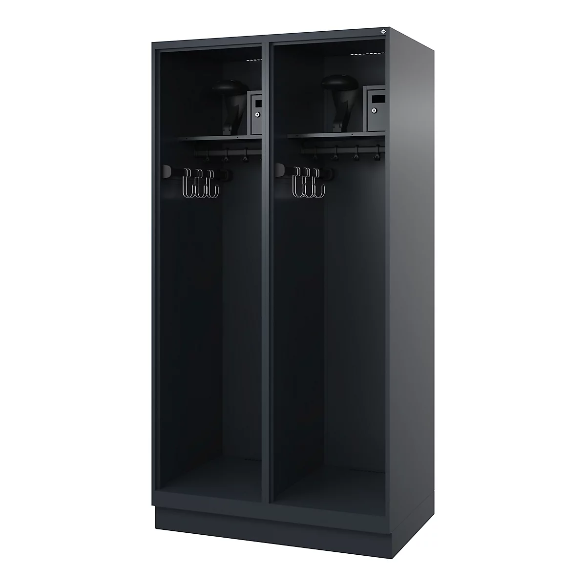 Black locker with two compartments, hangers, shelf and a small safe.