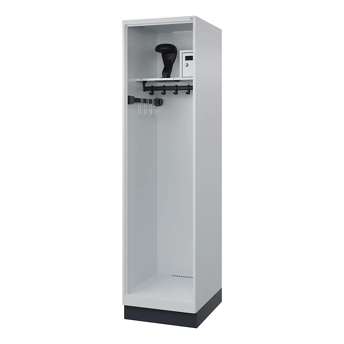 Grey locker with black base, interior with hooks, safe and shelf.