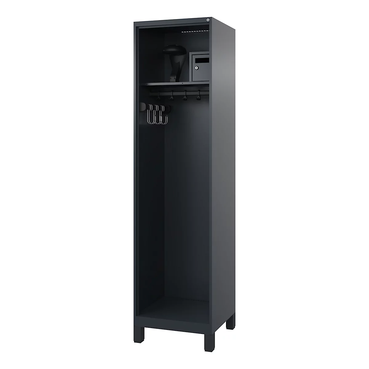 A black gun cabinet with an open compartment, hooks and a small safe.