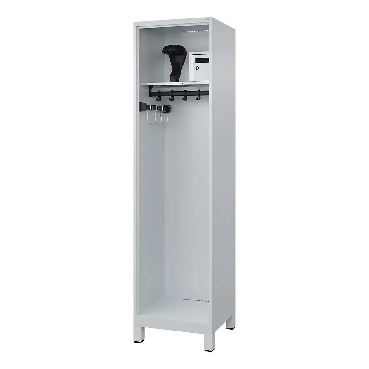 A white steel cabinet with hat, wardrobe, and small safe. Black coat hooks, white background.
