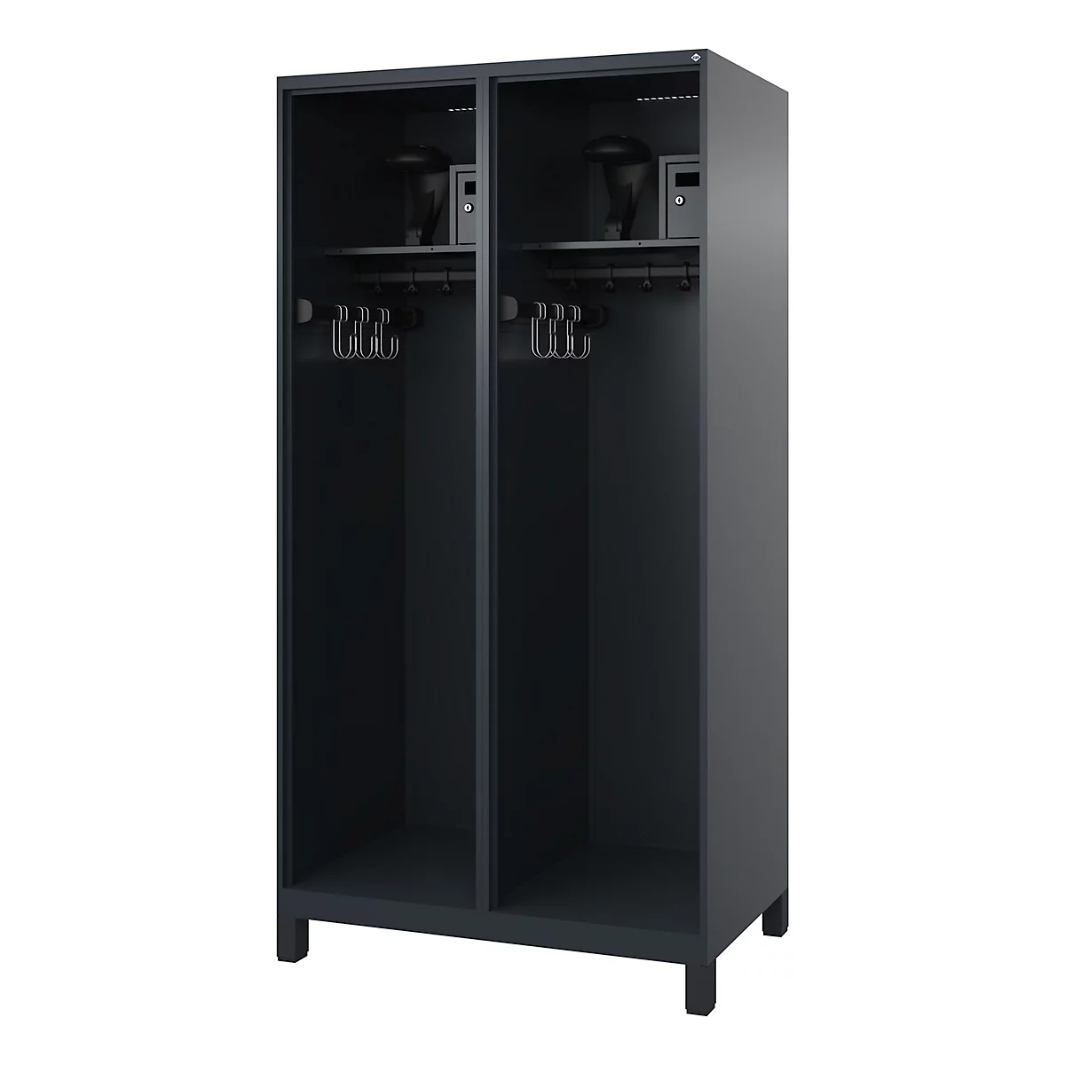 Dark double locker. The locker has coat racks, and shelves with objects. Small safes are placed at the top.