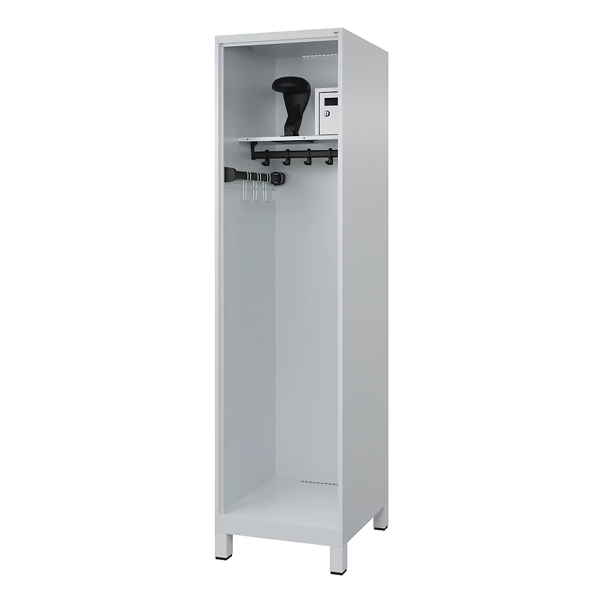White steel cabinet with open compartments containing a black umbrella and a safe, hooks and a wardrobe.