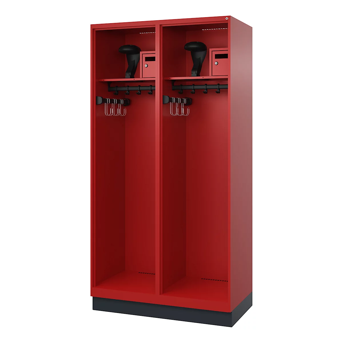 A red locker with two compartments, coat racks, and black holders.