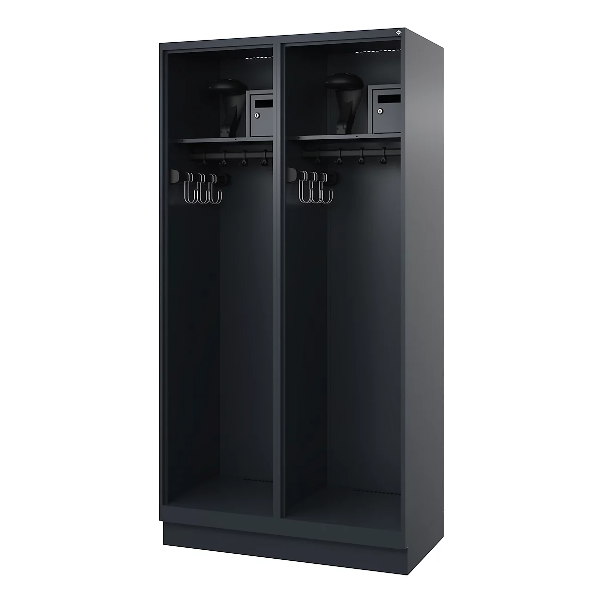 Dark grey weapon cabinet with two compartments. Each compartment has a safe and coat hooks.