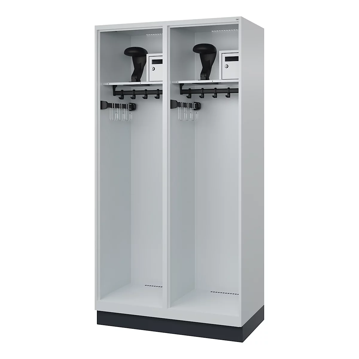 Grey locker with two compartments, featuring shelves, hooks and small lockers.
