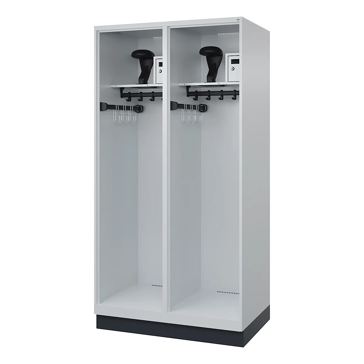 Gray, two-door locker with two black hats and small safes. Coat hooks are attached to the doors.