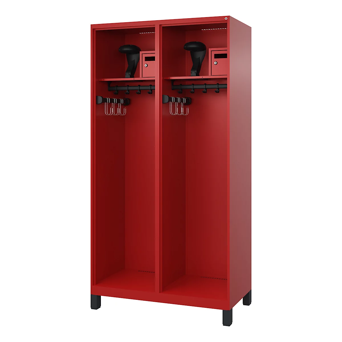 Red locker with compartments, hooks and storage compartments.
