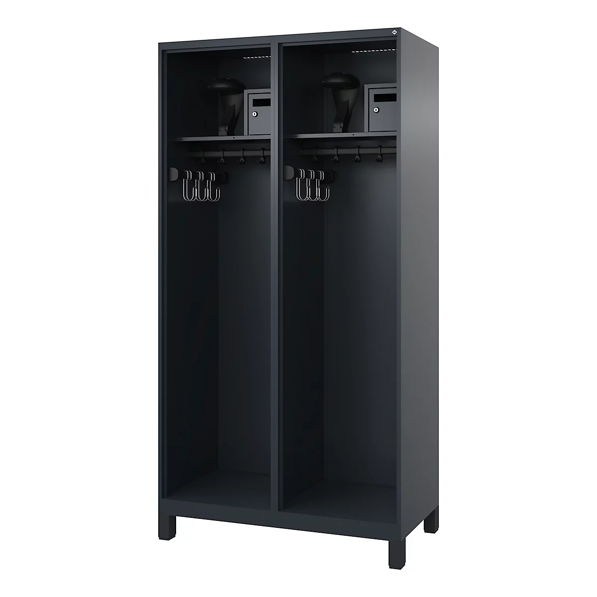 Dark, two-door cabinet with coat hooks, shelves, and safes. Both sides identically arranged.
