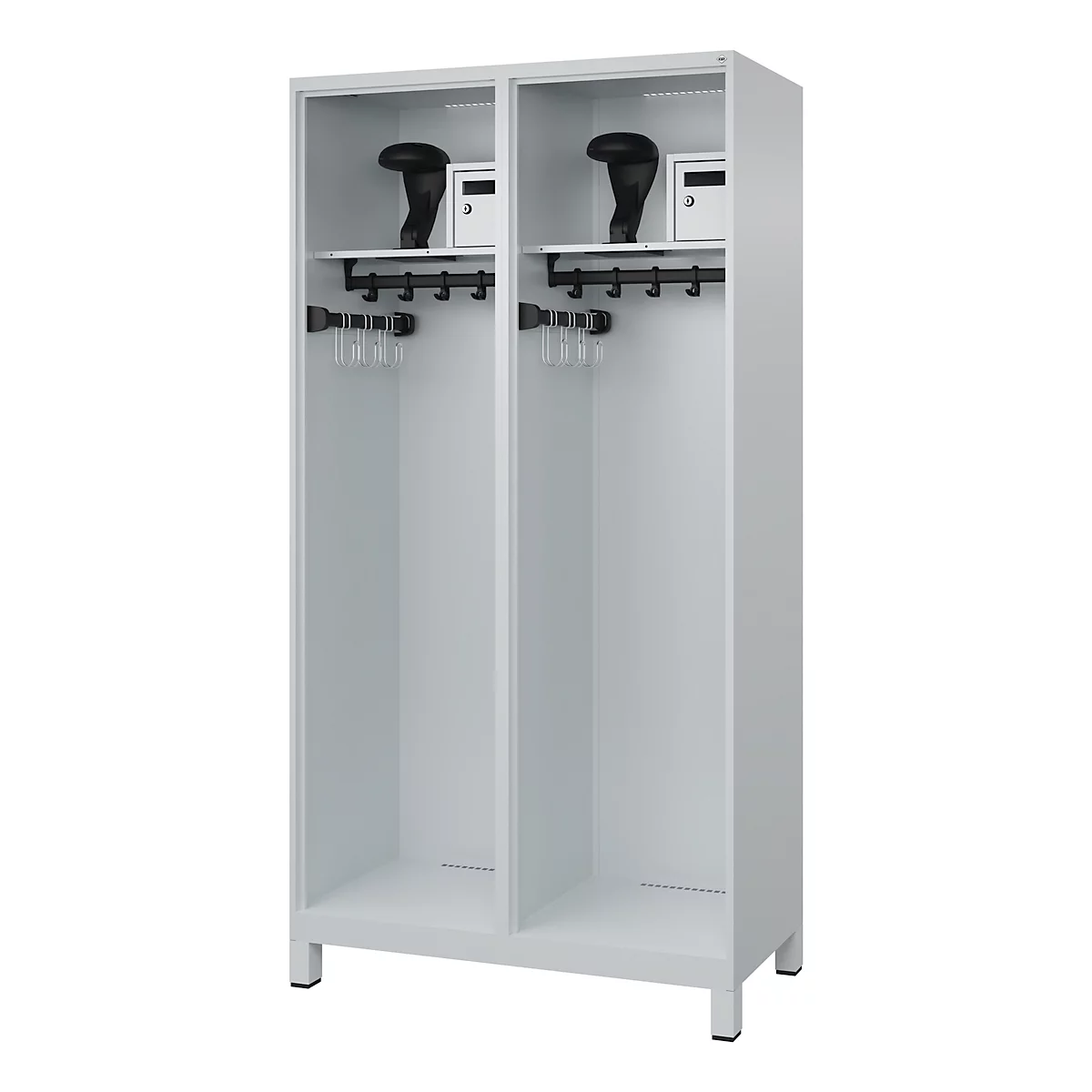 Light gray locker, divided into two compartments. Each compartment has a hat, a safe, and hooks for hangers.