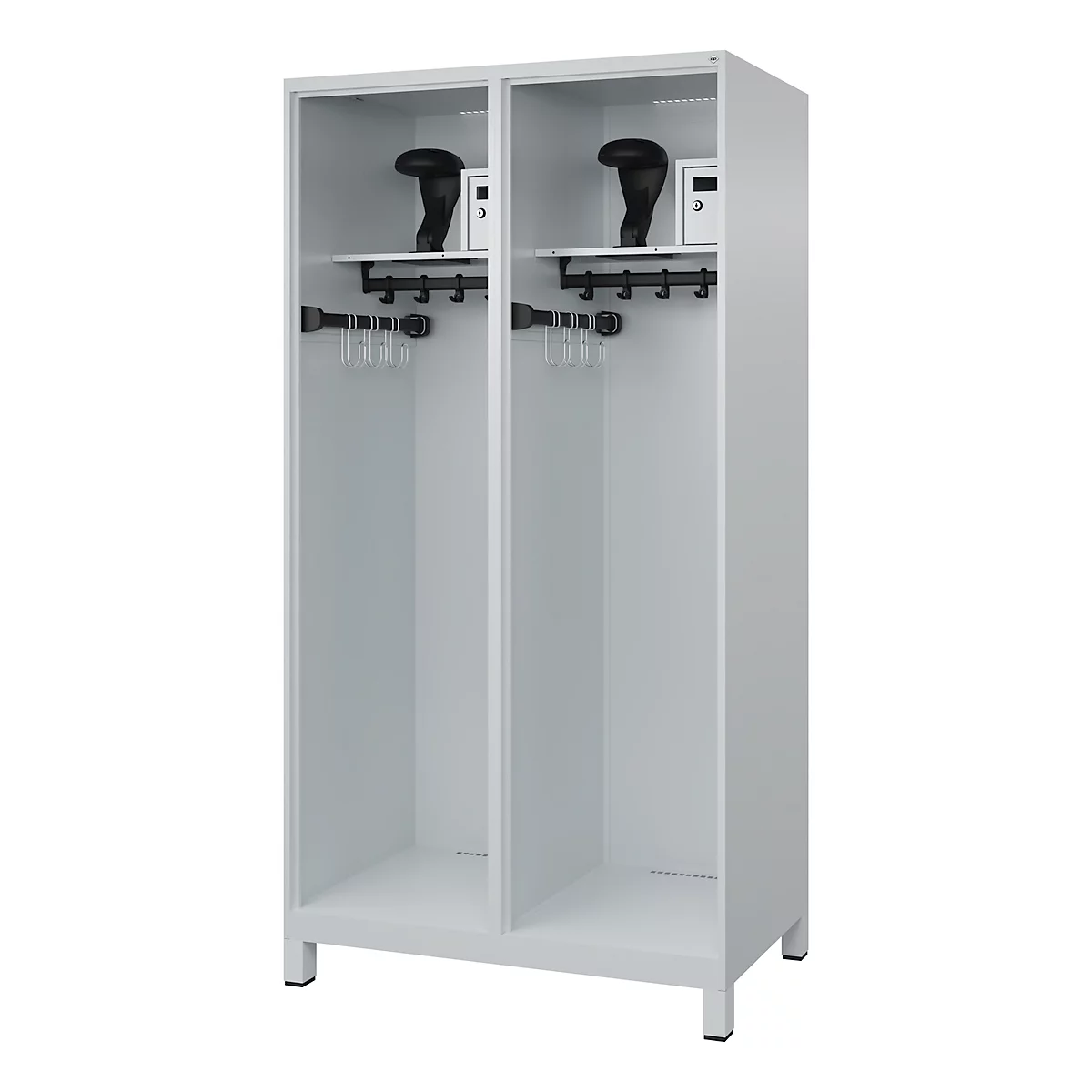 White locker with two compartments. Each compartment contains a hat rack, hooks and a black boot.