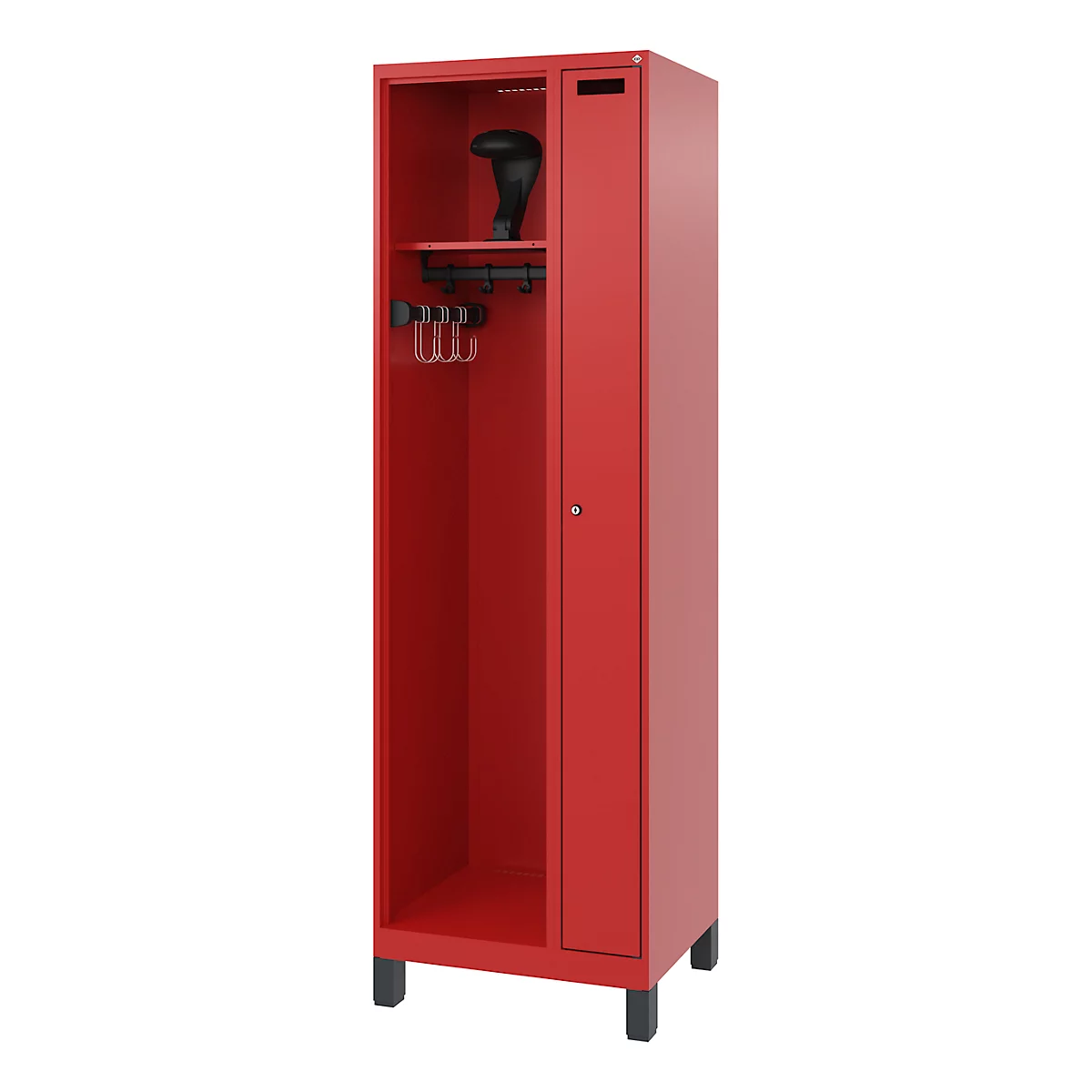 A red cabinet with a compartment for a helmet and hooks for equipment. It stands on black feet.