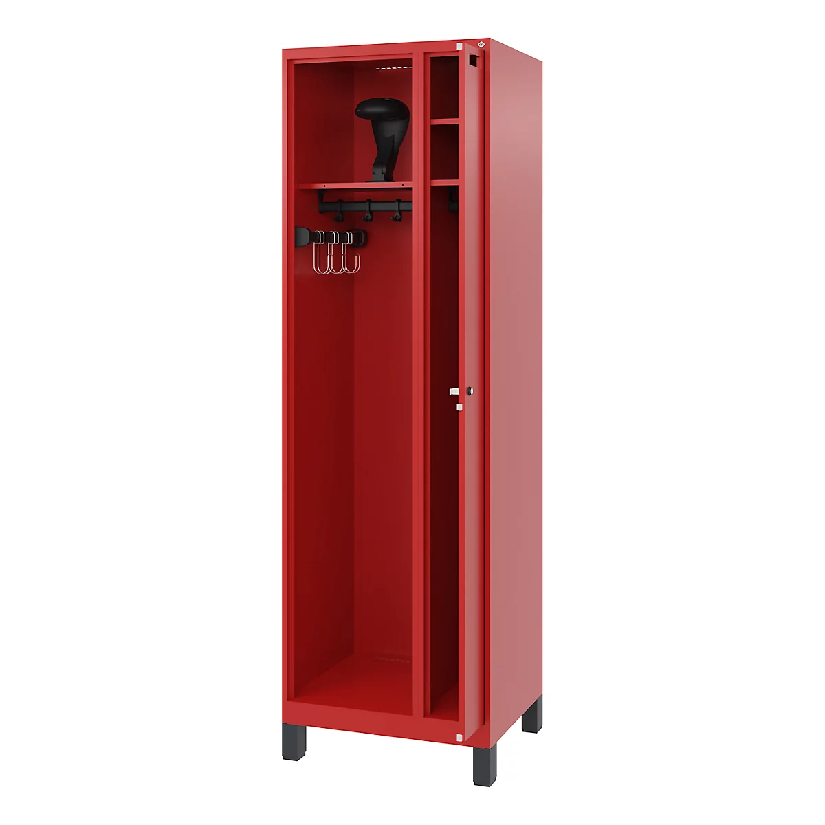 Red cabinet with hooks, shelf and shoe holder on a white background.